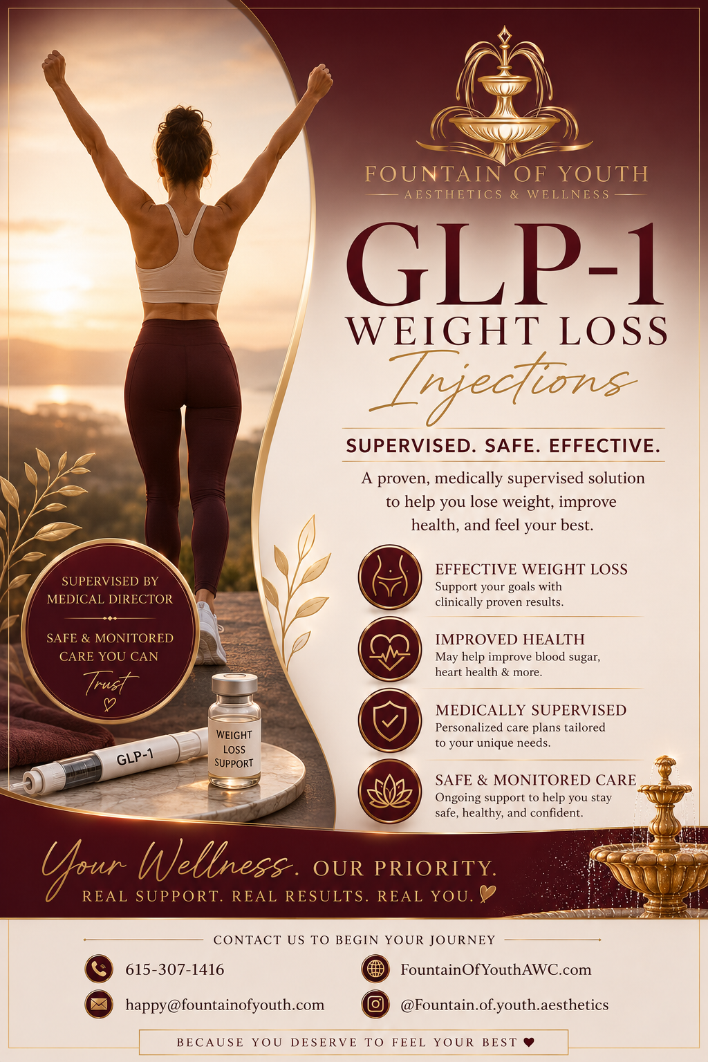 A promotional flyer for Fountain of Youth Aesthetics & Wellness advertising supervised GLP-1 weight loss injections. The flyer features a woman in athletic clothing with arms raised, standing outdoors at sunset. The flyer includes information about weight loss support, health improvements, medical supervision, and monitoring. It also displays contact details and social media handles.