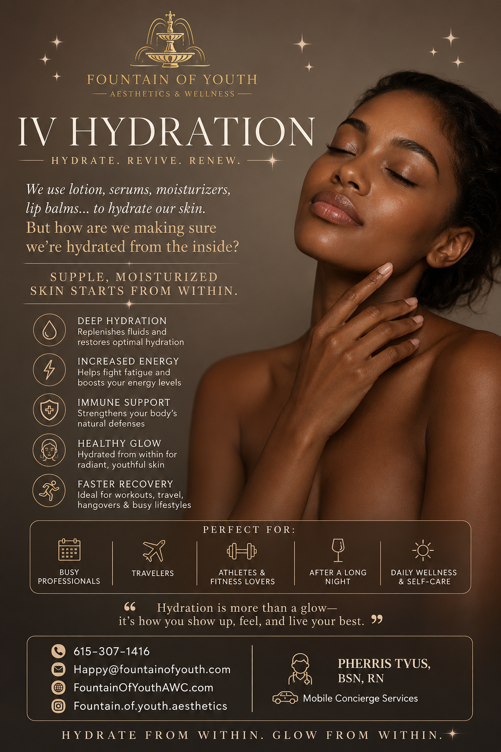 An advertisement for Fountain of Youth Aesthetics & Wellness promoting IV Hydration, featuring a woman with glowing skin touching her neck and shoulder, with a list of benefits and contact information.
