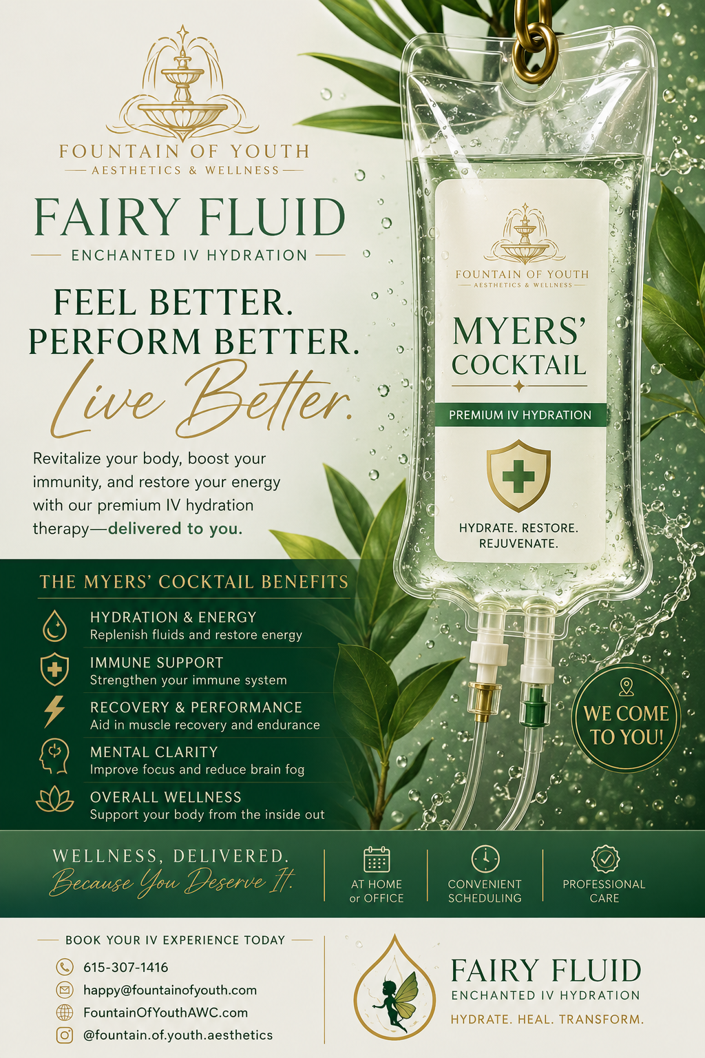 Packaging and promotional flyer for Fountain of Youth Fairy Fluid, a hydrating IV therapy product by Myers Cocktails. Features a transparent IV bag with liquid, green leaves, and gold accents. Describes benefits like hydration, immune support, recovery, mental clarity, and overall wellness.