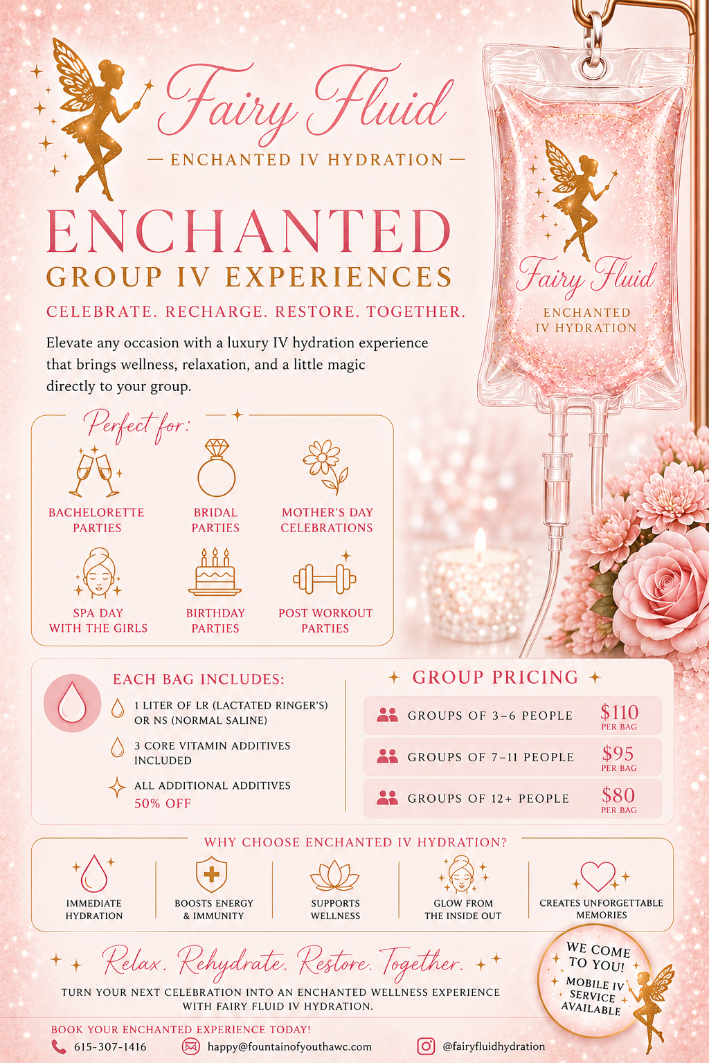 An advertisement for Fairy Fluid Enchanted IV Hydration with a fairy illustration, product image, and details about various hydration experiences, pricing, and benefits.