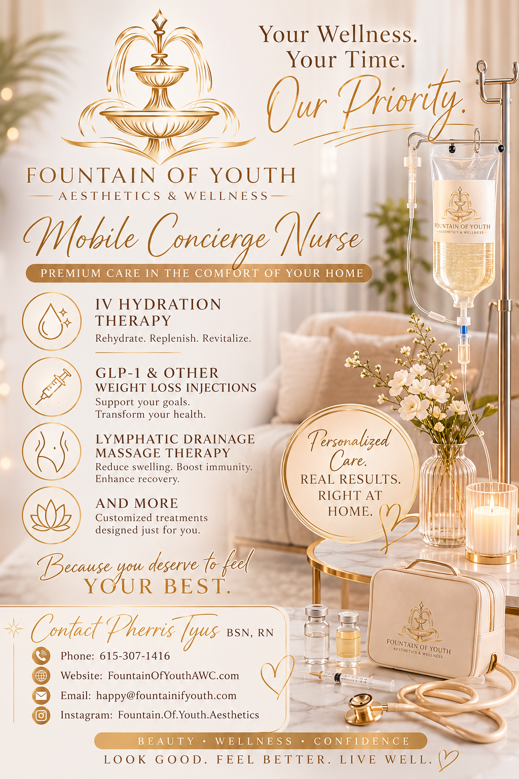 A promotional flyer for Fountain of Youth Aesthetics & Wellness featuring mobile concierge nursing services. The flyer includes images of IV therapy bags, vials, a stethoscope, and contact information for Pherris Tyus, BSN, RN. The background shows a cozy, elegant interior with soft lighting, flowers, and candles.