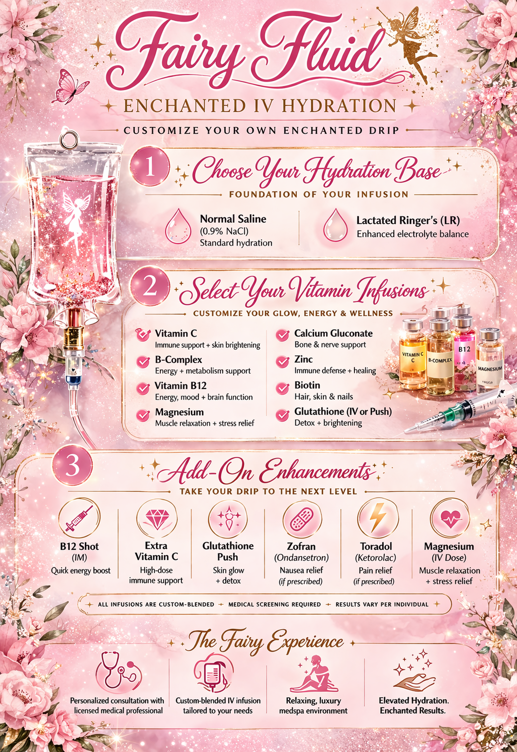 A pink-themed infographic titled 'Fairy Fluid' about enchanted IV hydration, with sections on choosing a hydration base, selecting vitamin infusions, adding enhancements, and the fairy experience, featuring illustrations of vials, a fairy, a syringe, and decorative flowers.