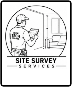 Illustration of a technician conducting a site survey inside a house, holding a tablet, with furniture and window visible, labeled 'Site Survey Services'.