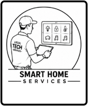 Illustration of a technician examining a tablet in front of a smart home control panel with icons of light, lock, security camera, music, and doorbell, for smart home services.