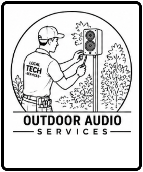 A technician in a t-shirt with 'Local Tech Services' on the back is installing outdoor audio equipment, including speakers, in a garden or yard, promoting outdoor audio services.