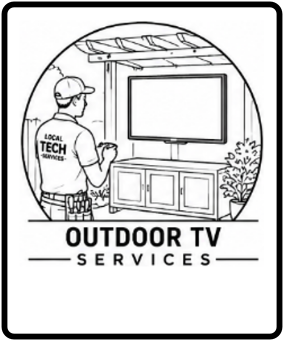 Technician working on an outdoor TV installation in a backyard with trees and a cabinet below the TV, logo reading 'Local Tech TV Services'