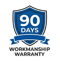 A shield-shaped badge with a blue background, displaying '90 DAYS' in white text at the top, a banner reading 'WORKMANSHIP WARRANTY' at the bottom symbolizing our 90-day workmanship guarantee on all installation labor performed.