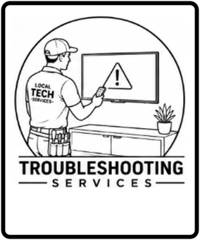 Illustration of a tech repair person pointing at a computer screen with an error warning, labeled 'Troubleshooting Services' with a potted plant nearby.