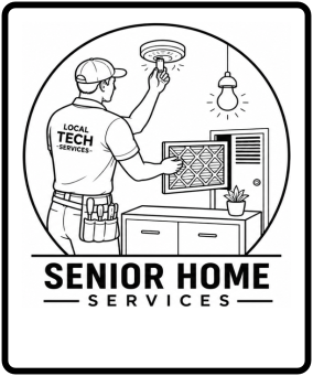 Illustration of a technician in a shirt labeled 'Local Tech Services' installing or repairing a smoke detector in a senior home. The technician is working near a computer monitor on a kitchen counter with a plant nearby, with a hanging light bulb overhead. Text reads 'Senior Home Services'.