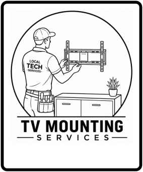 Illustration of a technician mounting a TV on the wall, standing next to a table with a potted plant, with text "TV Mounting Services" and a circular background.