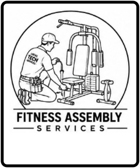 Illustration of a technician assembling gym equipment, with text 'Fitness Assembly Services' at the bottom.