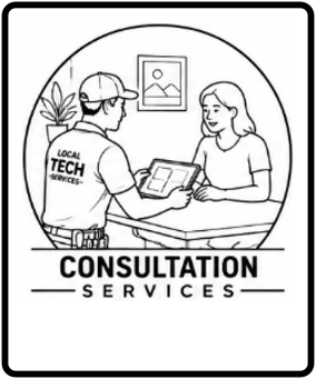A man in a vest labeled Local Tech Services consults with a woman at a counter, discussing a tablet device, with a framed landscape picture on the wall behind them. The image promotes consultation services.