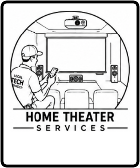 Person wearing a baseball cap and T-shirt with 'Local Tech' on it, sitting in a home theater room, looking at a smartphone. The room has a large screen, speakers, and a ceiling-mounted projector. Text reads 'Home Theater Services.'