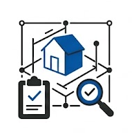 Icon of a house with a blueprint, checklist, a and a magnifying glass symbolizing a site survey