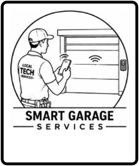 Illustration of a technician using a smartphone near a smart garage door with Wi-Fi, labeled 'Smart Garage Services'.