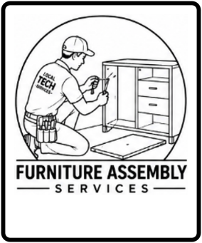Illustration of a worker assembling furniture, wearing a hat and tool belt, with a partially assembled cabinet in front of him. Text below reads "Furniture Assembly Services."