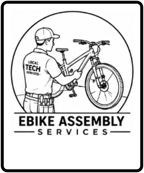 Black and white logo for eBike Assembly Services featuring a technician adjusting a bicycle.