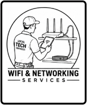 A technician wearing a cap and shirt with 'Local Tech Services' inspects network equipment at a workstation with Wi-Fi routers and cables, promoting Wi-Fi and networking services.