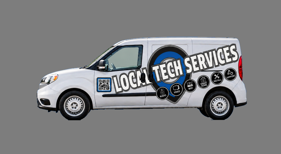 White work van with branding for Local Tech Services, including icons for audio, video, WiFi, smart home, install, and support, and a QR code on the side.