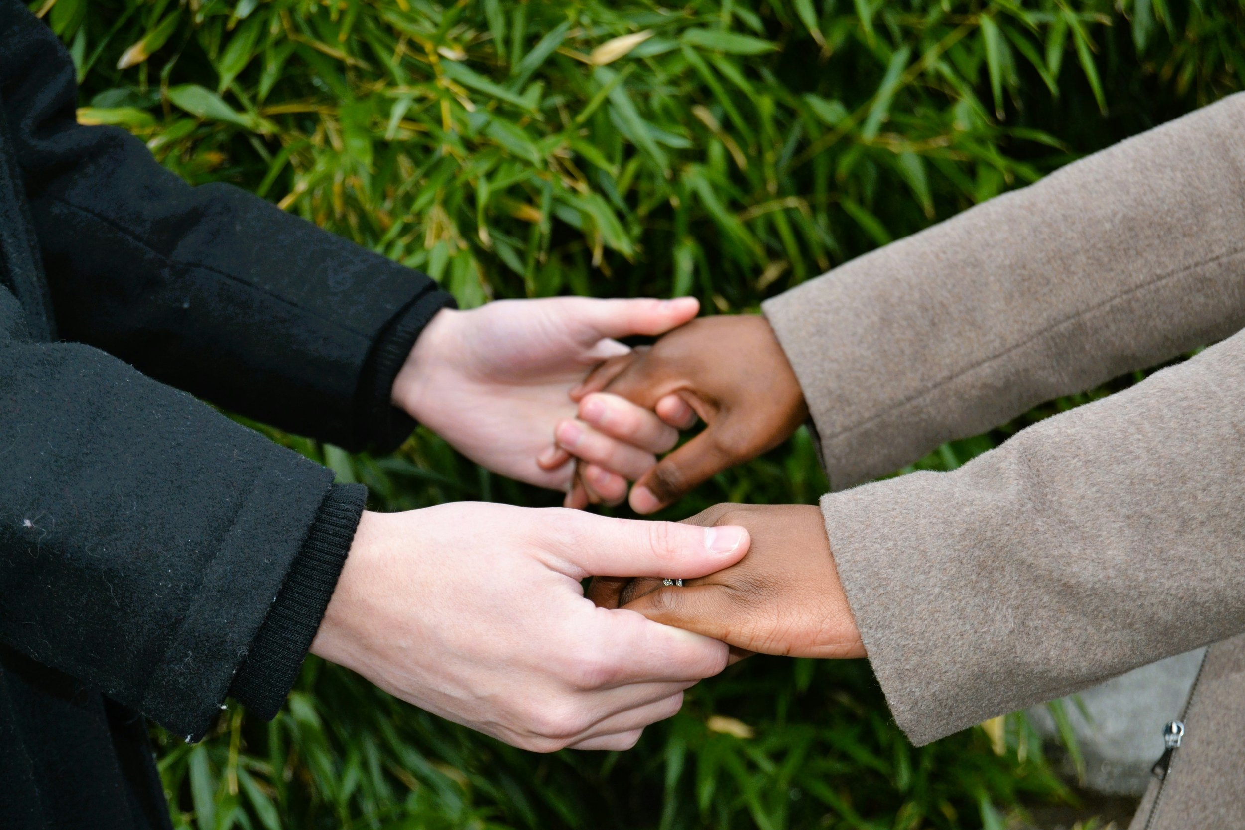 Multiple hands of different skin tones holding each other's fingers in a circle outdoors with green foliage in the background.