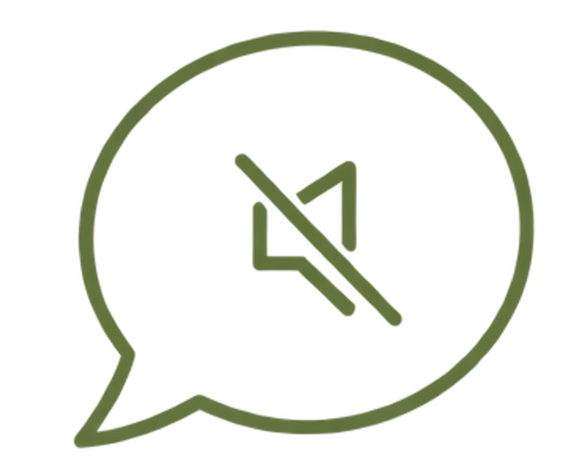 Speech bubble with a muted microphone icon inside.
