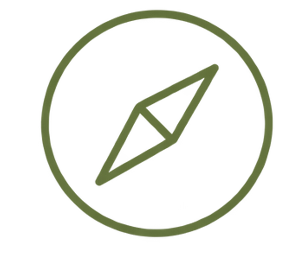 Simple illustration of a compass enclosed in a circle, drawn with green lines.