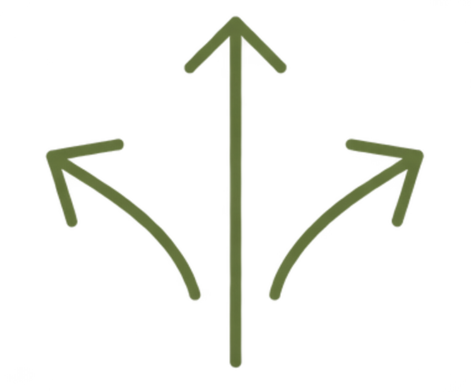 Three arrows pointing in different directions: left, straight, and right, drawn with thick green lines.