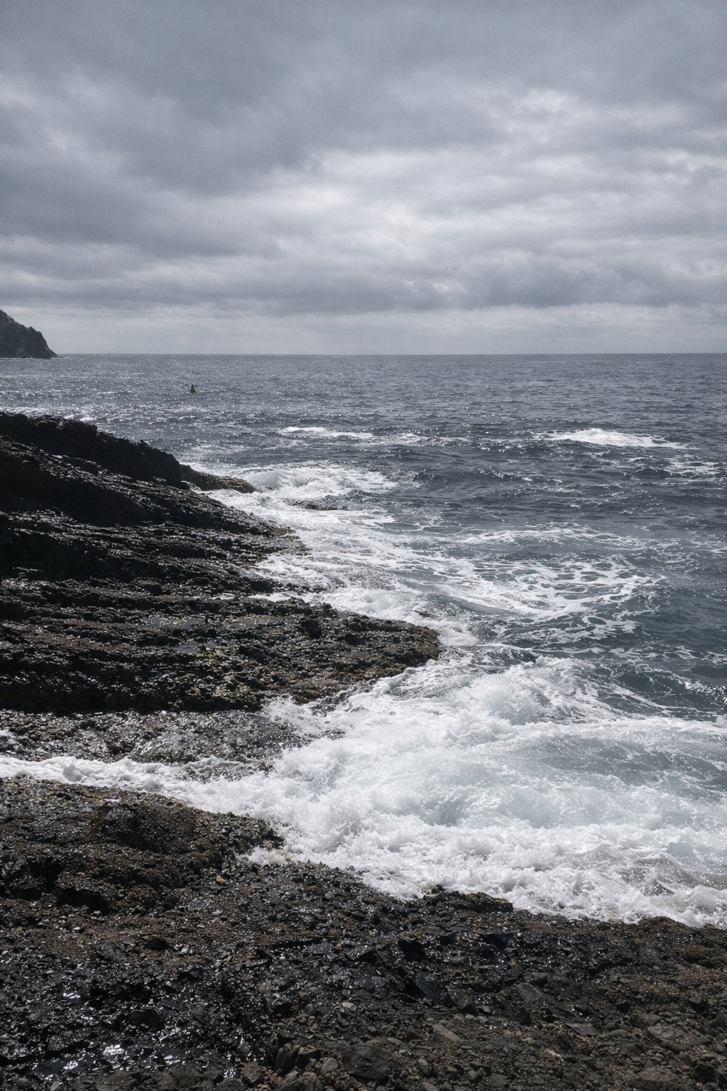 Ocean waves crashing powerfully against dark, jagged rocks under a cloudy sky, representing emotional resilience, trauma-informed therapy, and navigating inner turbulence.