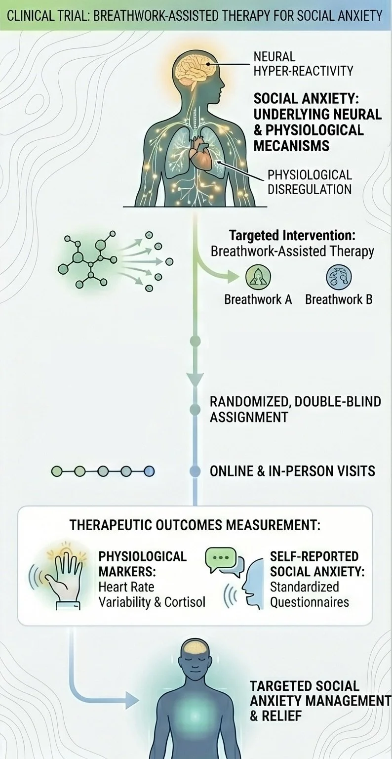 Clinical trial infographic mapping breathwork-assisted therapy for social anxiety, measuring cortisol and heart rate variability.