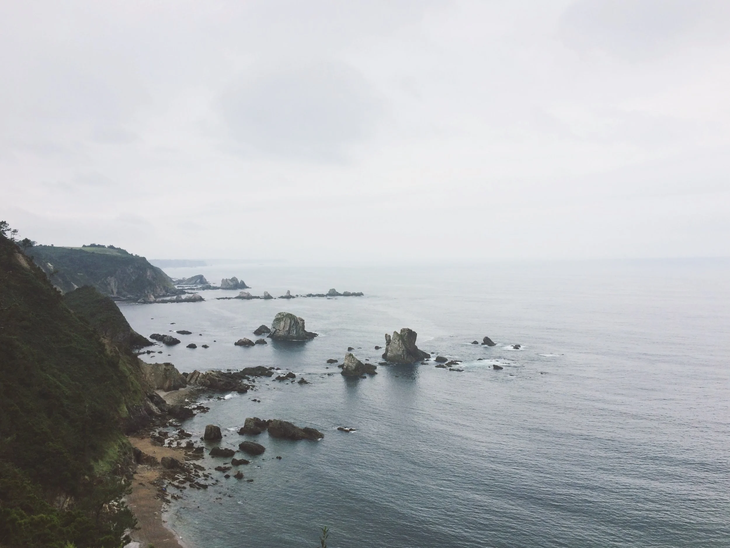 A vast and misty coastline with rugged cliffs and ocean rock formations, illustrating the transition and landscape of psychedelic integration.