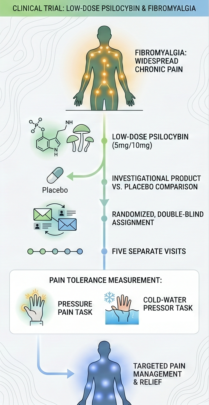 Infographic flowchart of a randomized double-blind clinical trial evaluating low-dose psilocybin for fibromyalgia pain relief.
