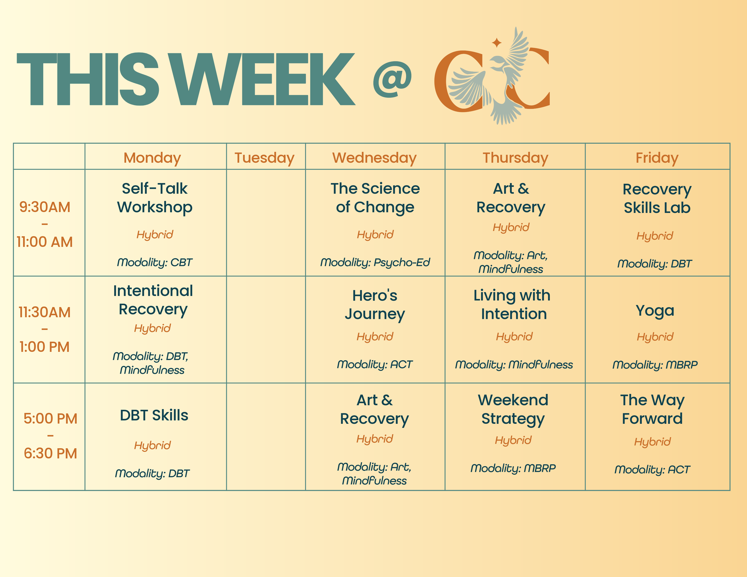 Weekly schedule grid with days Monday to Sunday and time slots from 9:30 AM to 6:30 PM, listing different therapeutic workshops, sessions, and activities with days, times, and modes labeled as hybrid, in-person, or online.