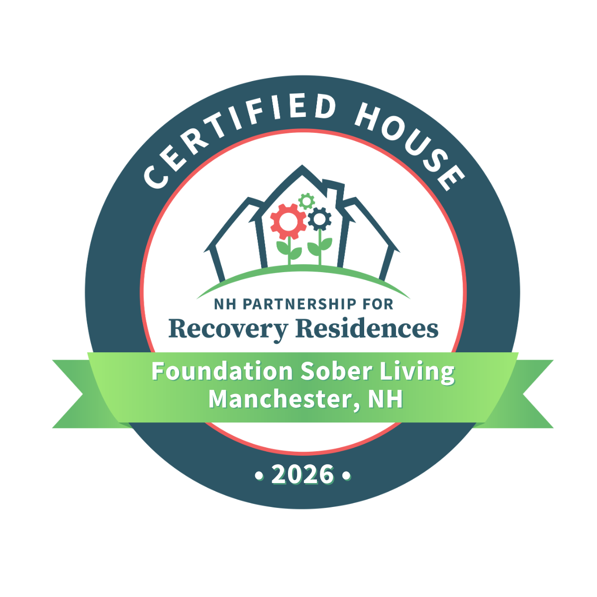 Logo of the Foundation for Sober Living, Manchester, NH, 2026, featuring a stylized house, trees, and a green ribbon with the organization's name and location.