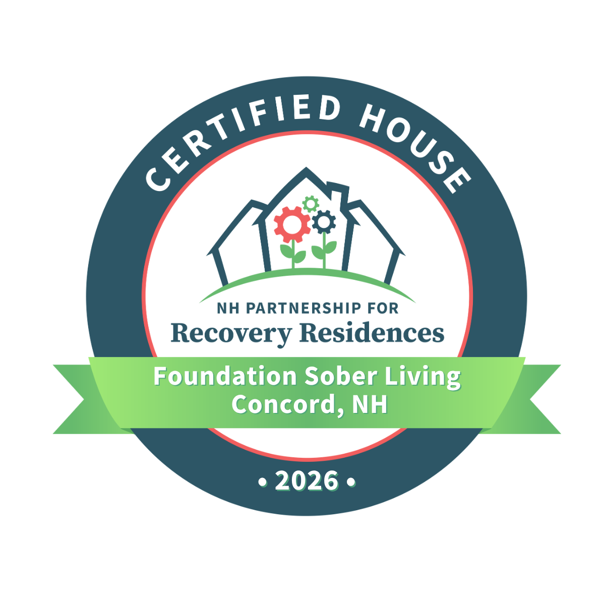 Logo for Foundation Sober Living in Concord, New Hampshire, featuring a house, plants, and a banner with the organization's name and founding year, 2026.