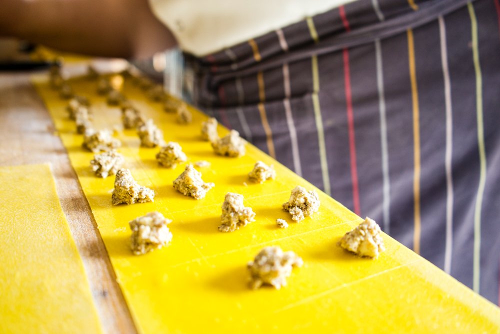 Mushroom tortellini preparation.