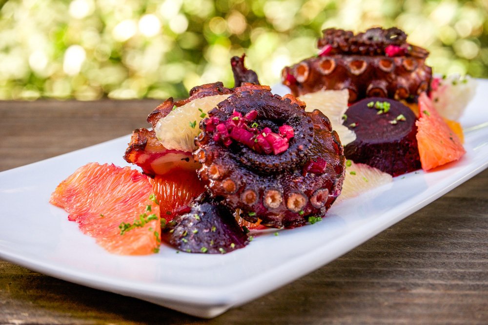 Grilled Octopus, Marinated Beets, Grapefruit & Oro Blanco, and Pickled Shallots.