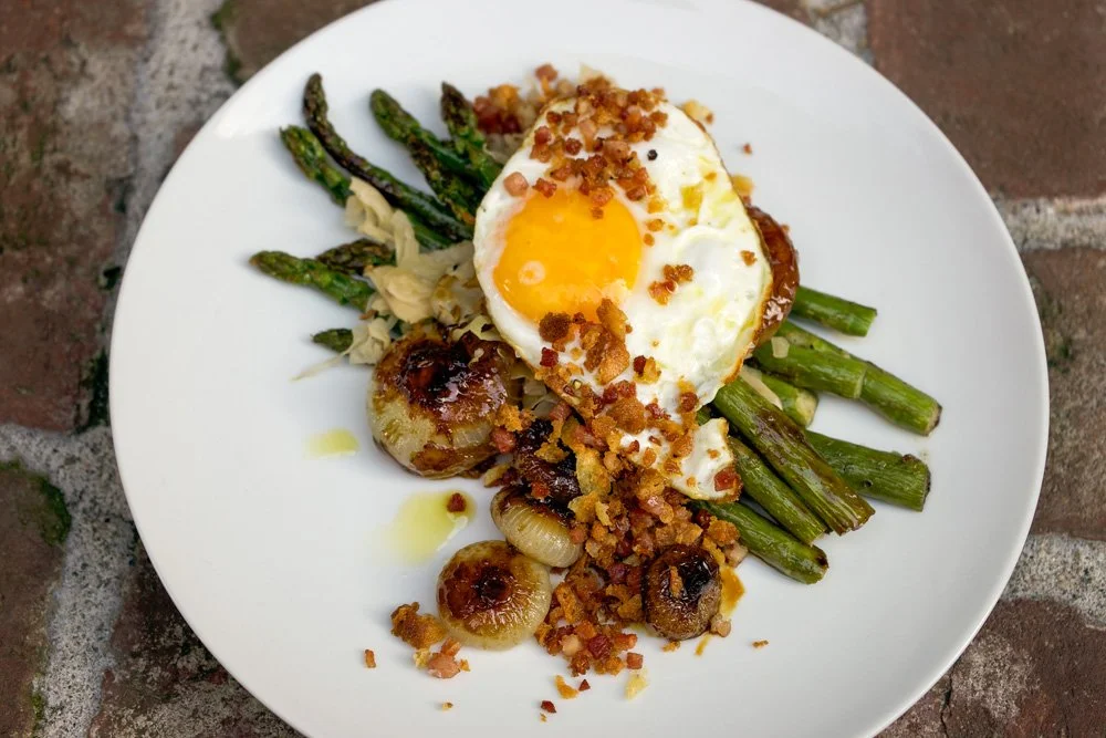 Roasted Asparagus, Cippoline in Agrodolce, Fried Egg, and Pancetta Breadcrumbs.