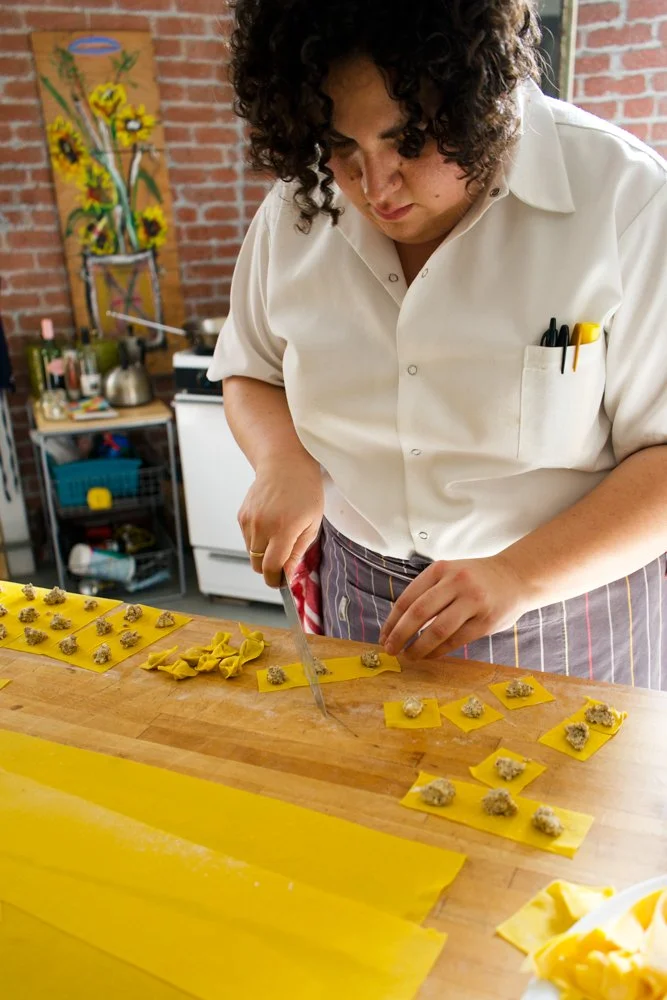 Isabella making mushroom tortellini.