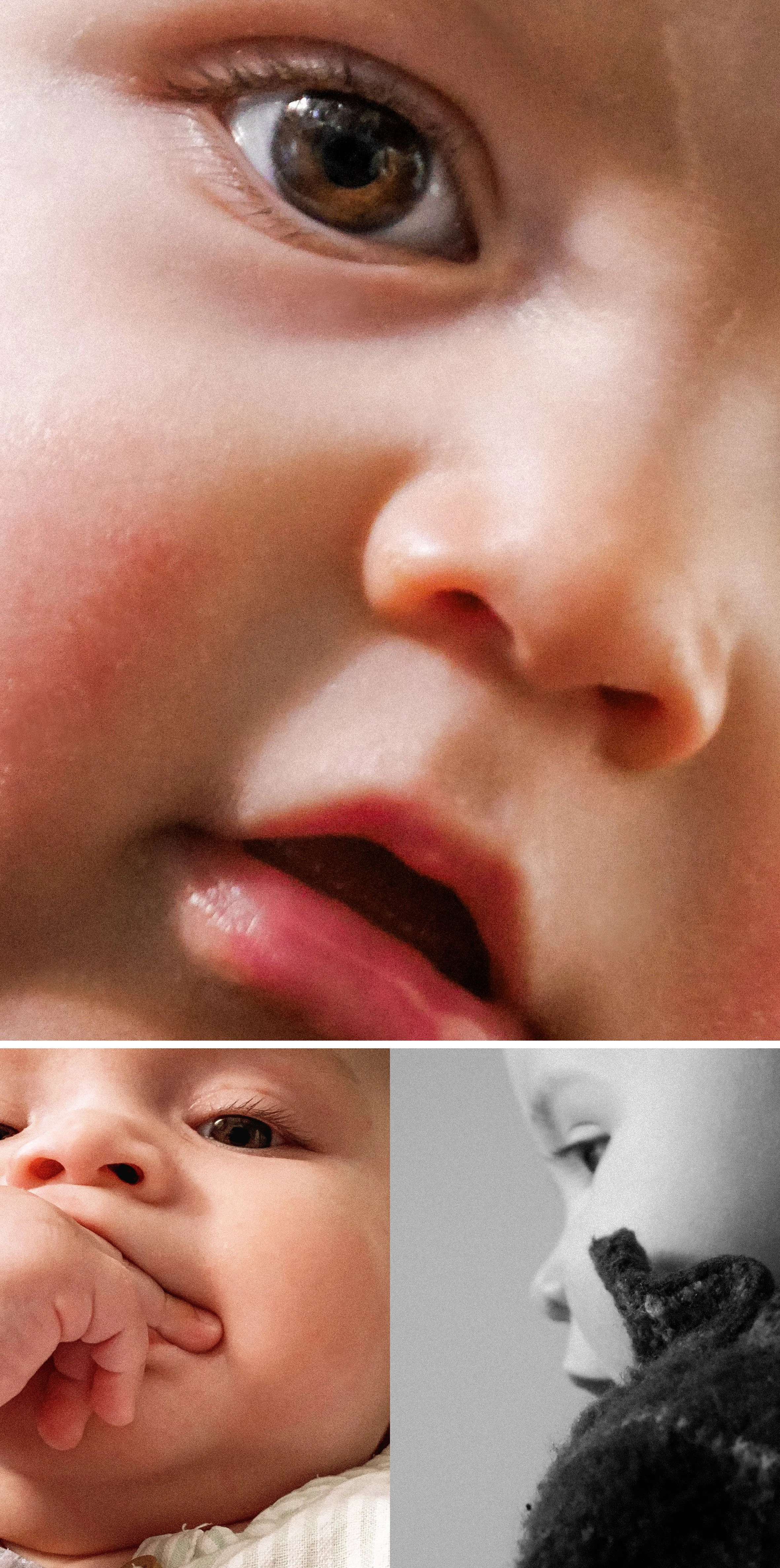 Collage de trois images : un gros plan d'un visage d'enfant, vue en contre-plongée et en noir et blanc.