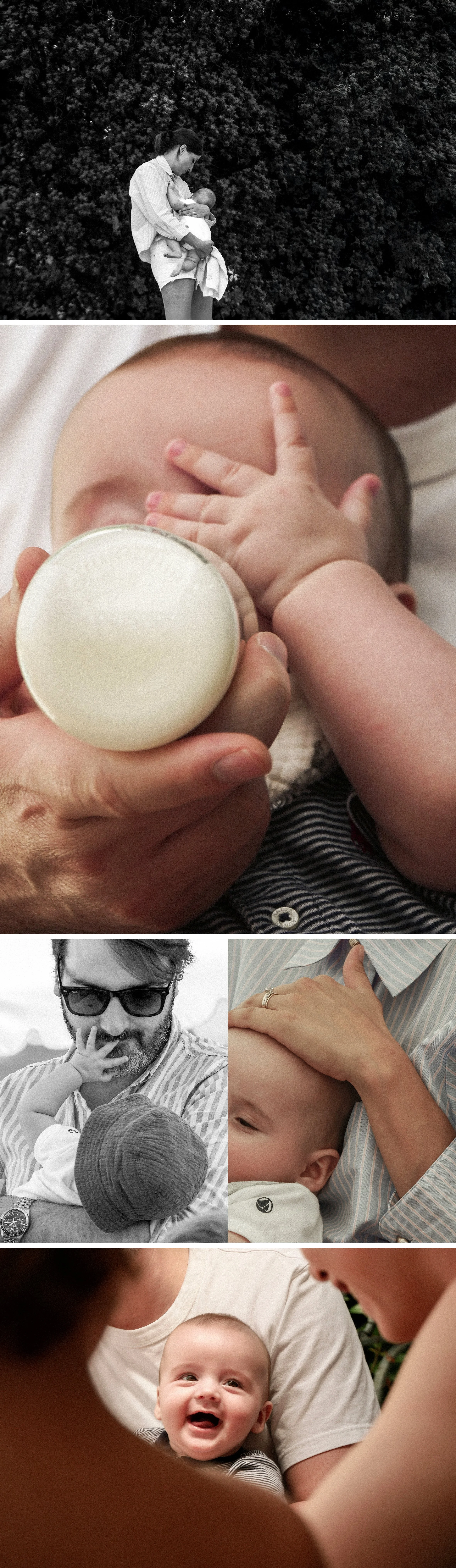Une mère tient un bébé dans ses bras devant un arrière-plan d'arbres. Un bébé boit du lait d'une bouteille, une scène d'allaitement, un homme avec des lunettes de soleil et un bébé, et un bébé souriant en compagnie d'un adulte.