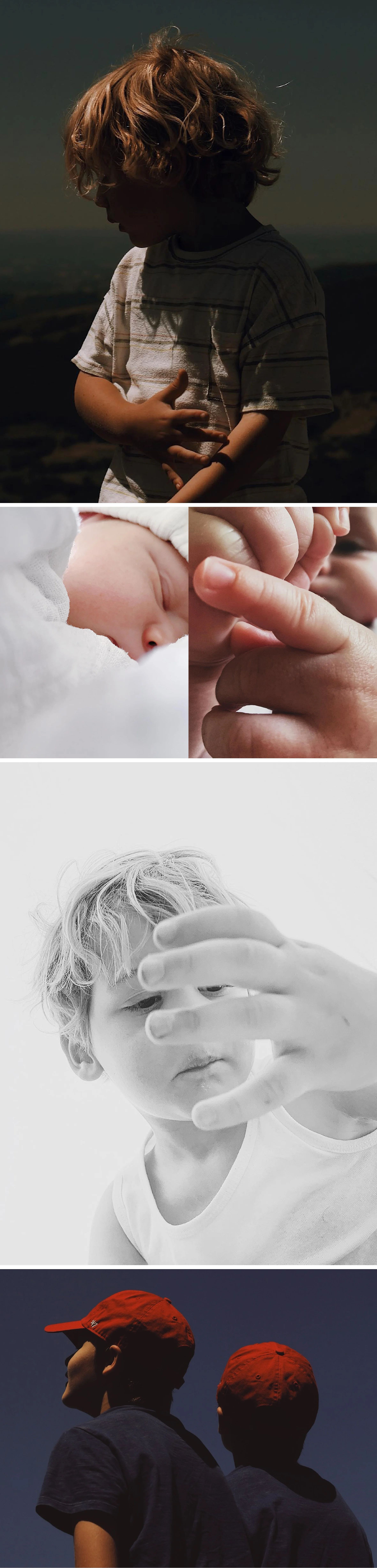 Une série de photos de deux enfants, un garçon et une fille, dans différentes scènes, y compris un portrait, des interactions toutes proches, et une photo en noir et blanc.