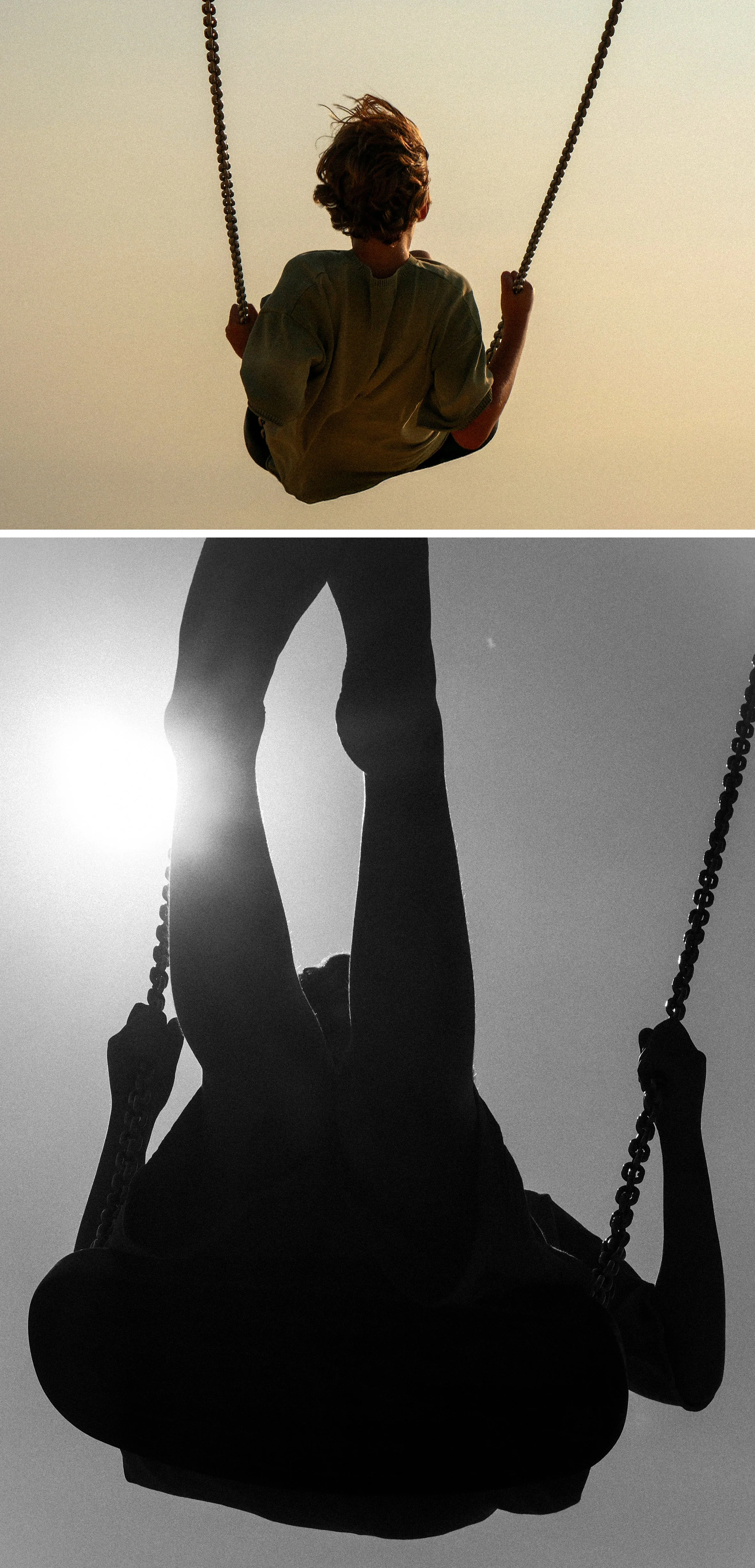 Une personne assise sur une balançoire, vue de profil, au coucher ou lever du soleil, avec une lumière forte en arrière-plan.