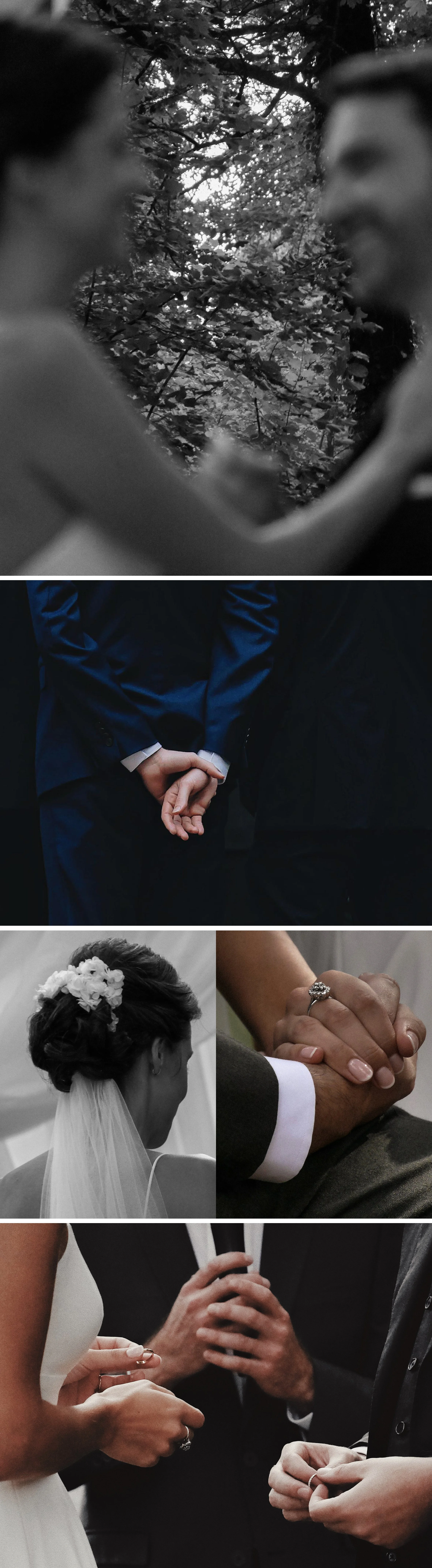Les images montrent deux personnes qui s'aiment lors d'une cérémonie de mariage à l'extérieur, un couple qui se tient la main lors de leur mariage, une mariée vue de dos avec un voile et des fleurs dans les cheveux et un couple échangeant des alliances lors de leur mariage.