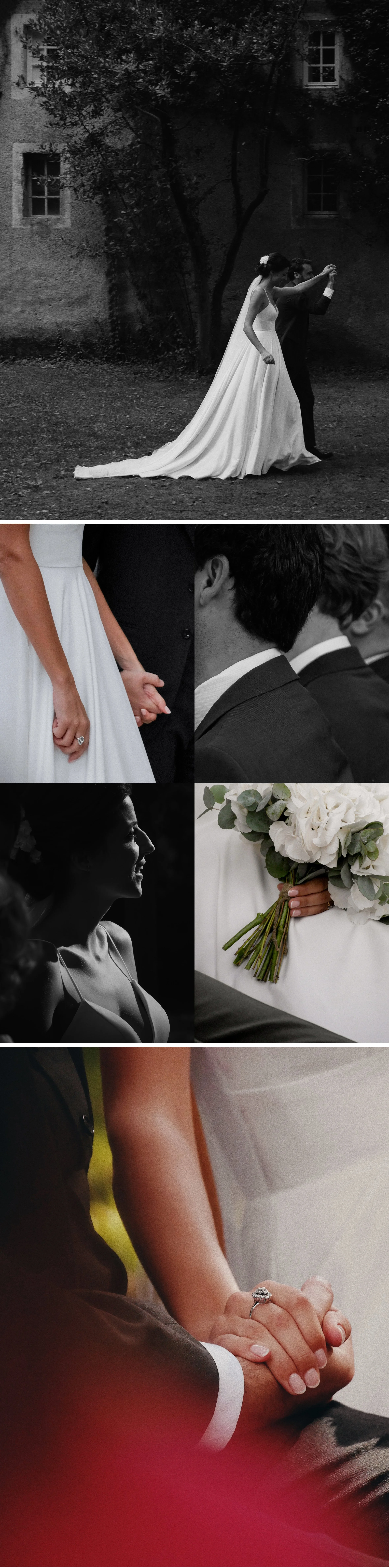 Une série de photos de mariage avec des moments de la cérémonie et des détails intimes, incluant une mariée en robe blanche, un couple tenant la main, une femme souriante, une bouquet de fleurs, et des mains avec une bague.