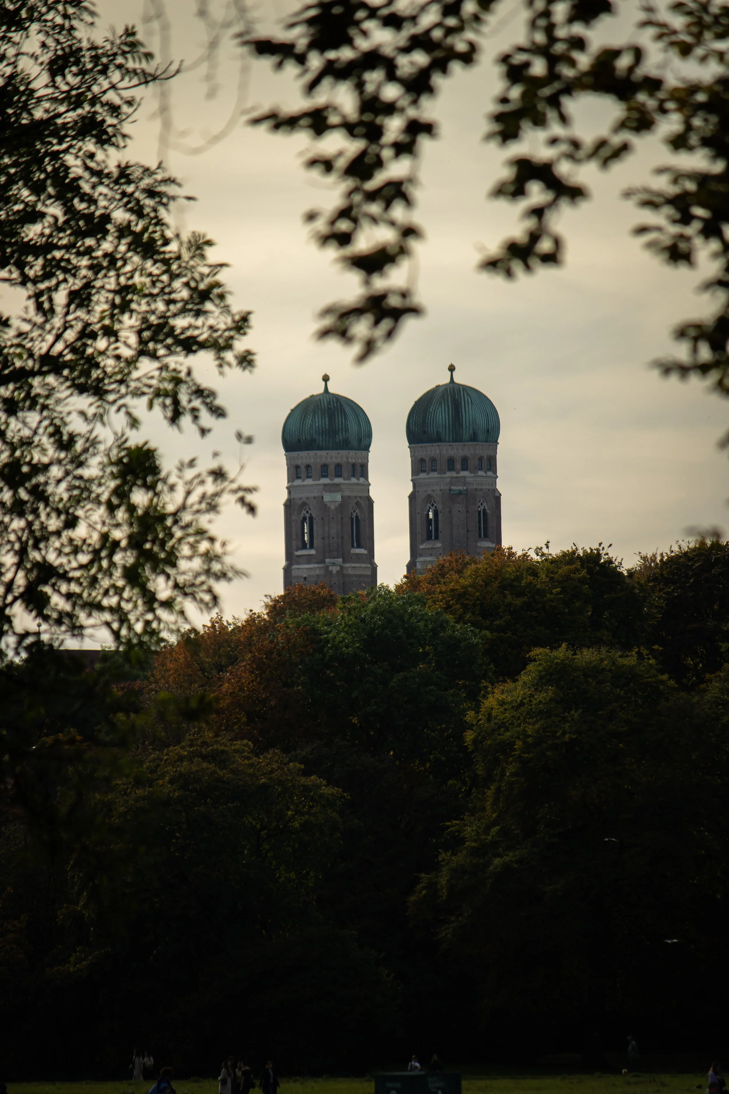 Zwei Kirchtürme mit grünen Kuppeldächern, umgeben von Bäumen, Blick durch Blätter auf die Türme, hintere Wolken am Himmel.