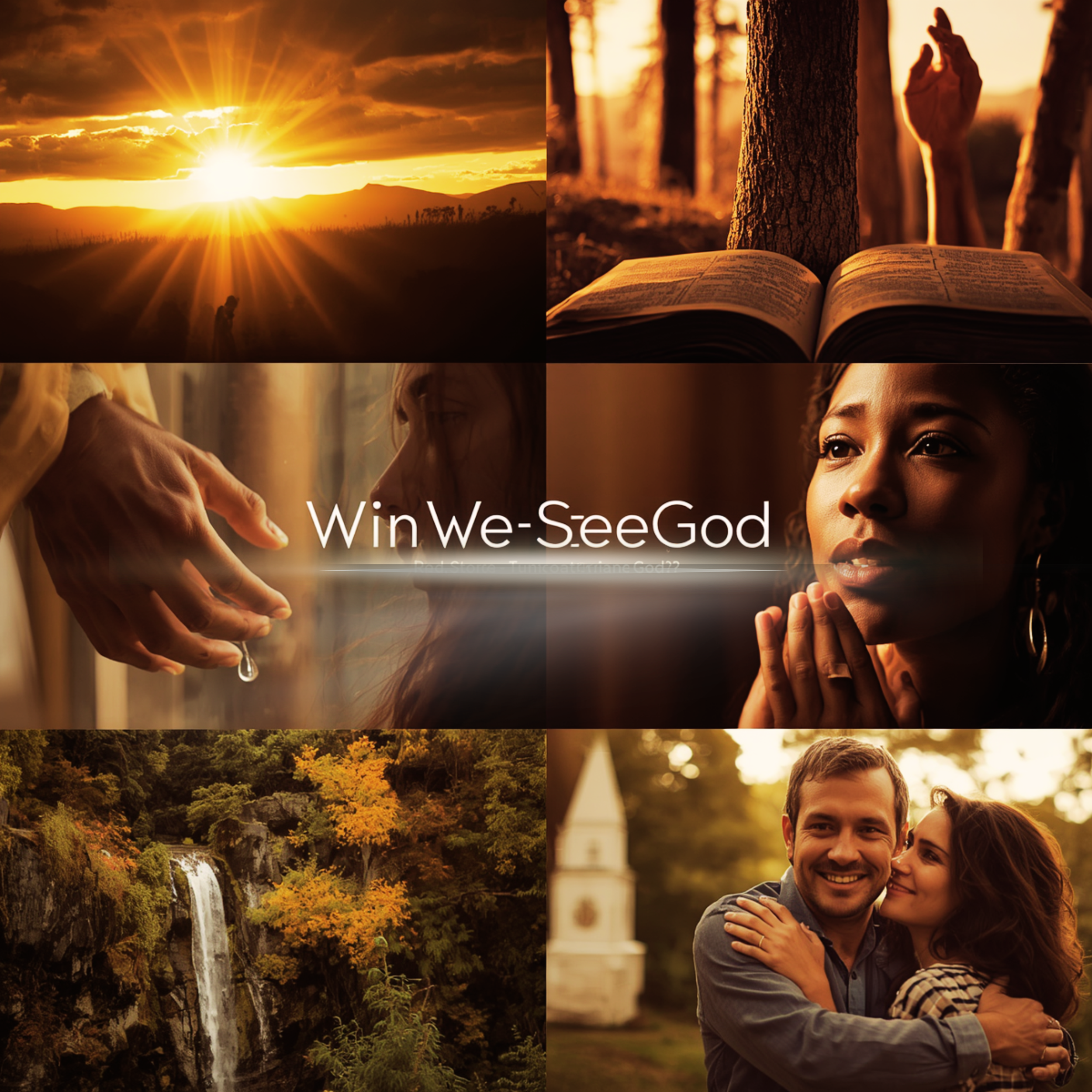 collage of images including a sunset, a forest with an open book and tree trunks, a waterfall in fall foliage, and a couple hugging and smiling.