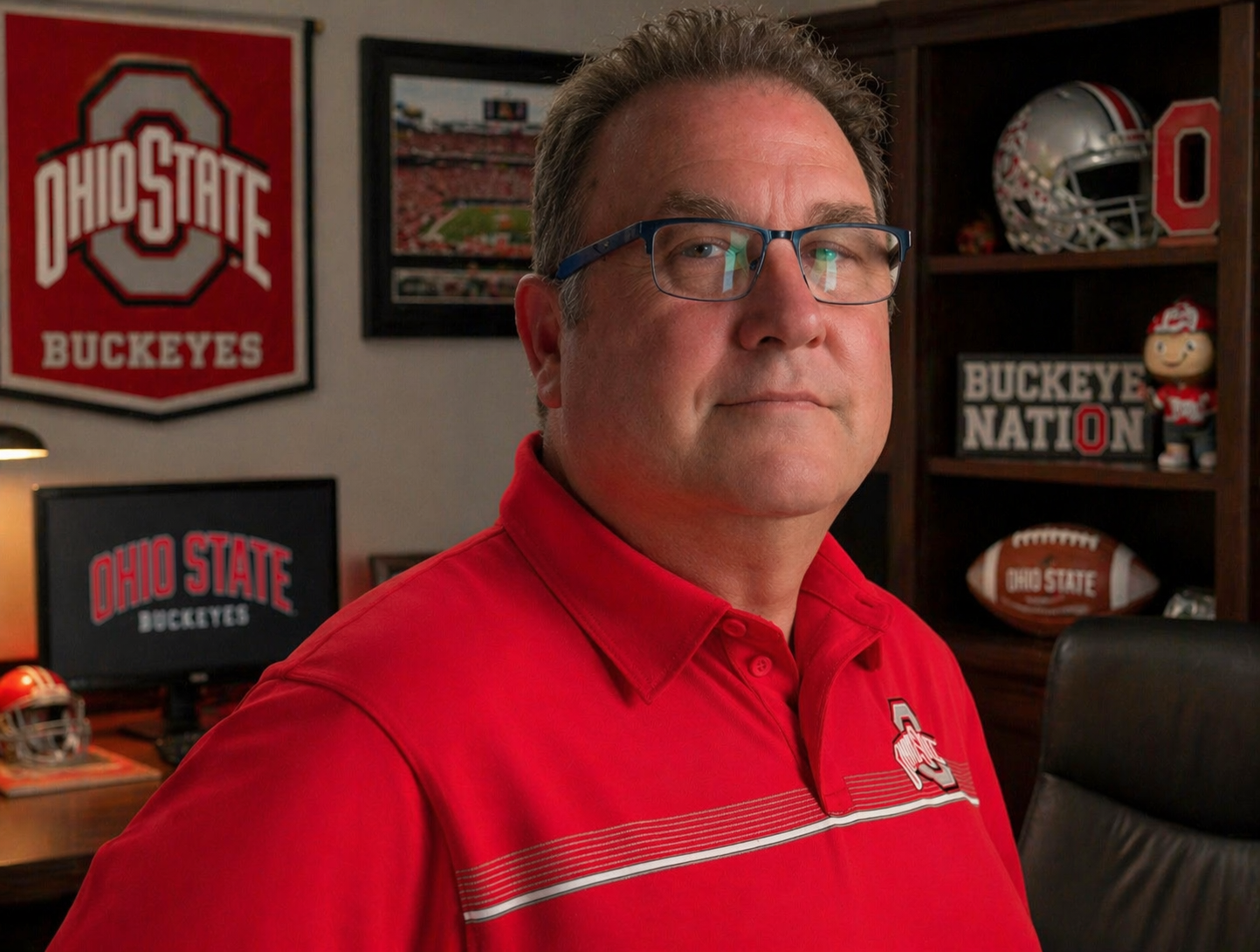 A man wearing glasses and a red Ohio State Buckeyes polo shirt posing for a photo in his office or study, with Ohio State Buckeyes memorabilia and decorations including a football, helmet, and framed pictures in the background.