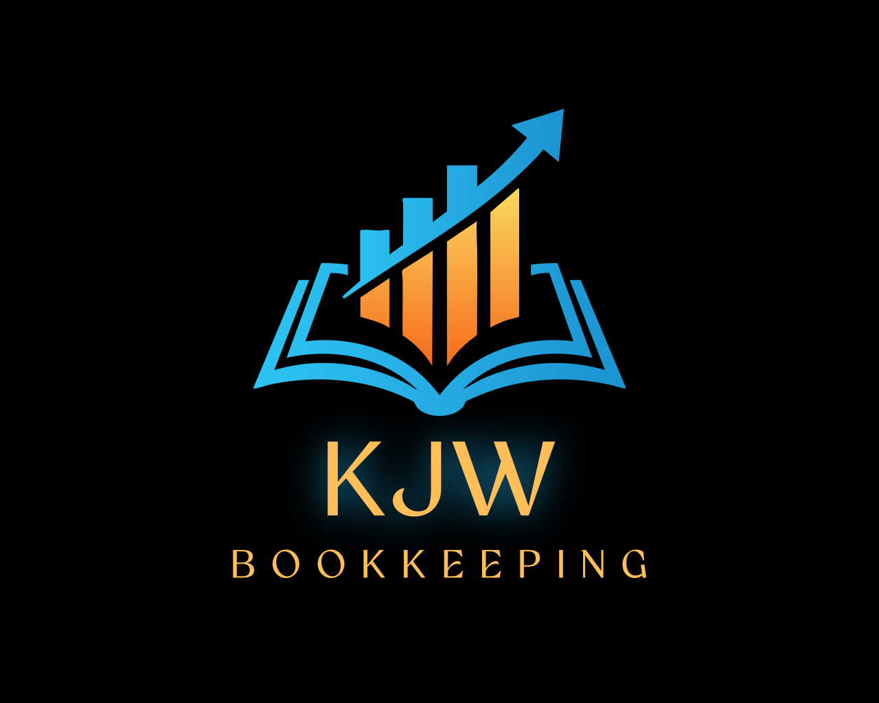 A logo with an open book, a blue upward-trending bar chart, and an arrow, with the text 'KJW Bookkeeping' underneath.