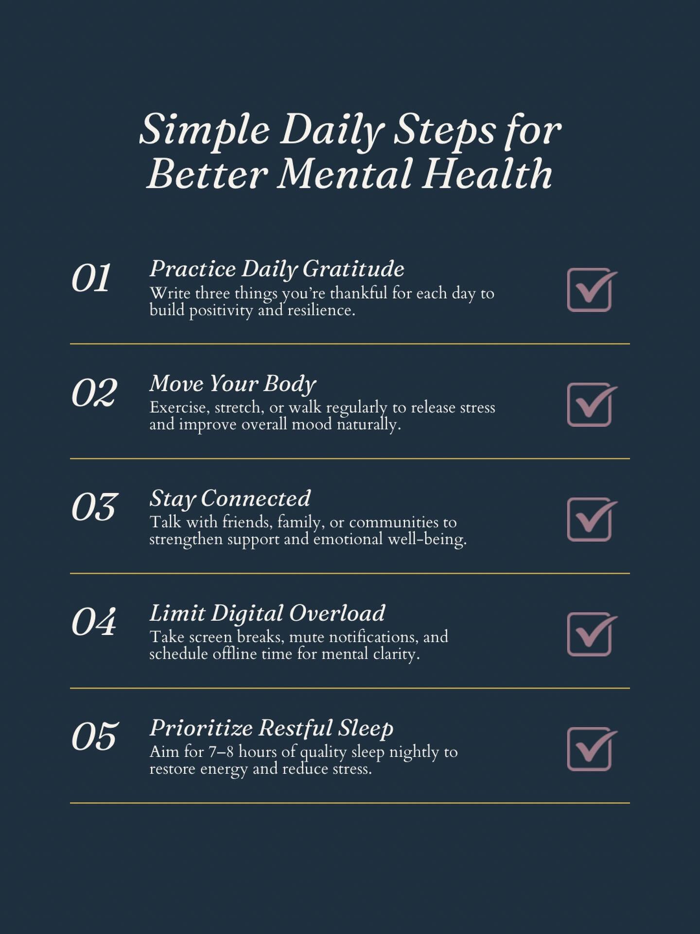Small steps, big shifts. 🌱
Mental health isn&rsquo;t built in a single breakthrough moment &mdash; it&rsquo;s built in the quiet, consistent choices we make every day.
✨ Drinking enough water
🌬️ Taking a real lunch break
📵 Stepping away from scree