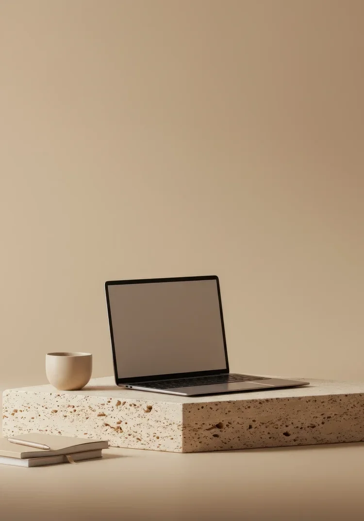 A minimalist workspace setup with a laptop, a white ceramic cup, a closed notebook, and a pen on a textured stone surface against a neutral beige background.